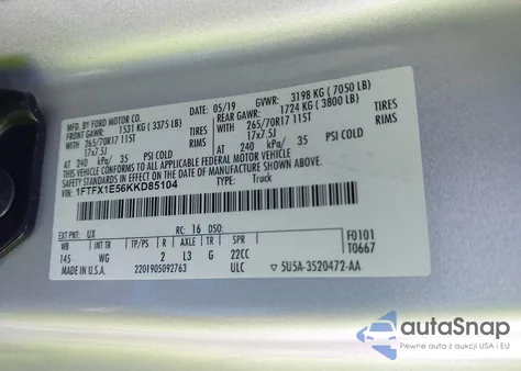 2019 Ford F-150 Xl z USA, uszkodzony, nr VIN 1FTFX1E56KKD85104